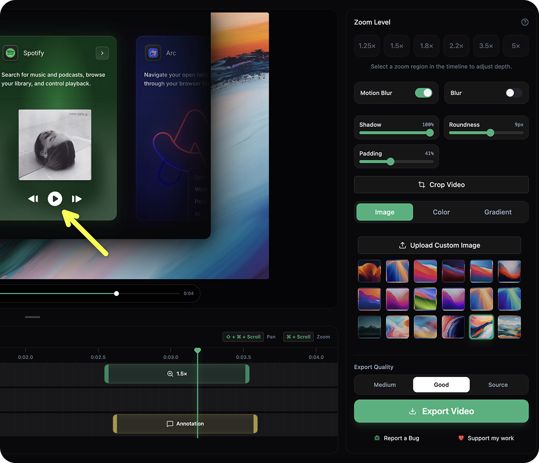 Painel de fundos e exportação do Xscreen